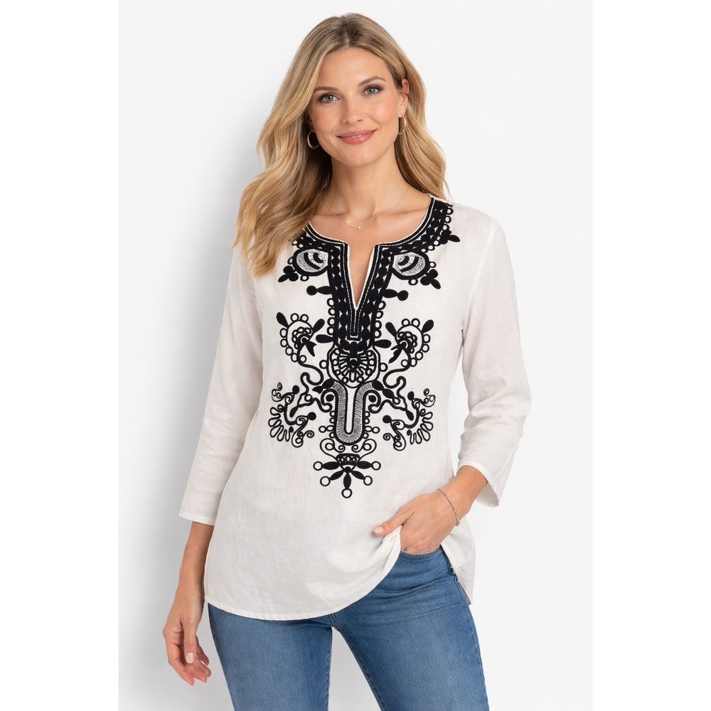 Lucy & Laurel Tunic Top L‎ 100% Linen Embroidered Boho Peasant White Black